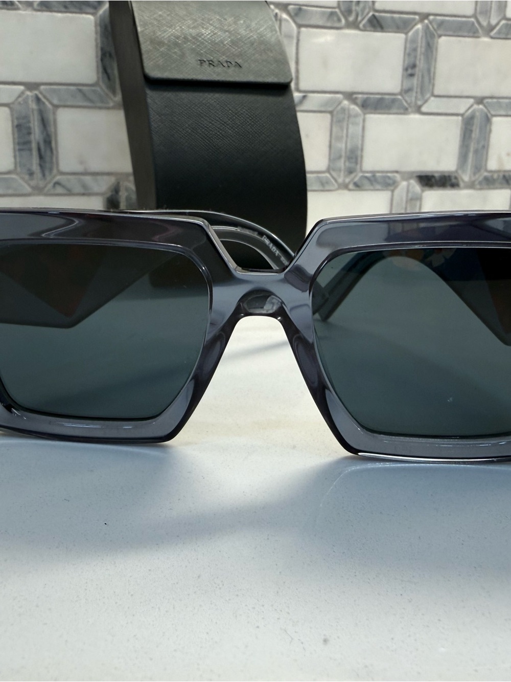 Prada Transparent Smoke Gray Sunglasses with Tortoiseshell Logo Accent